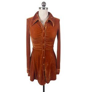 Urban Outfitters Nellie Ruched Velvet Shirt Dress Small Rust Retro 70s Boho Glam